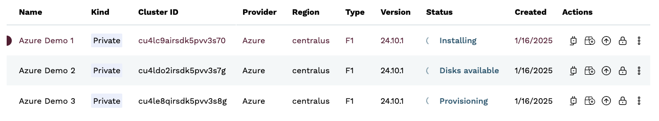 Cluster provisioning statuses