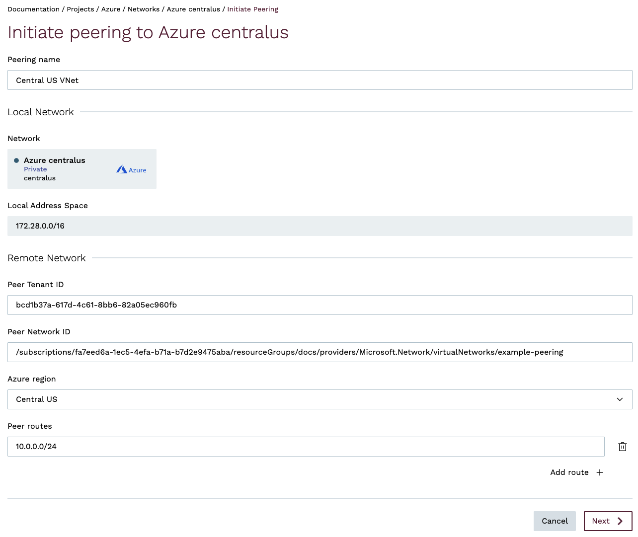 Azure peering - complete form