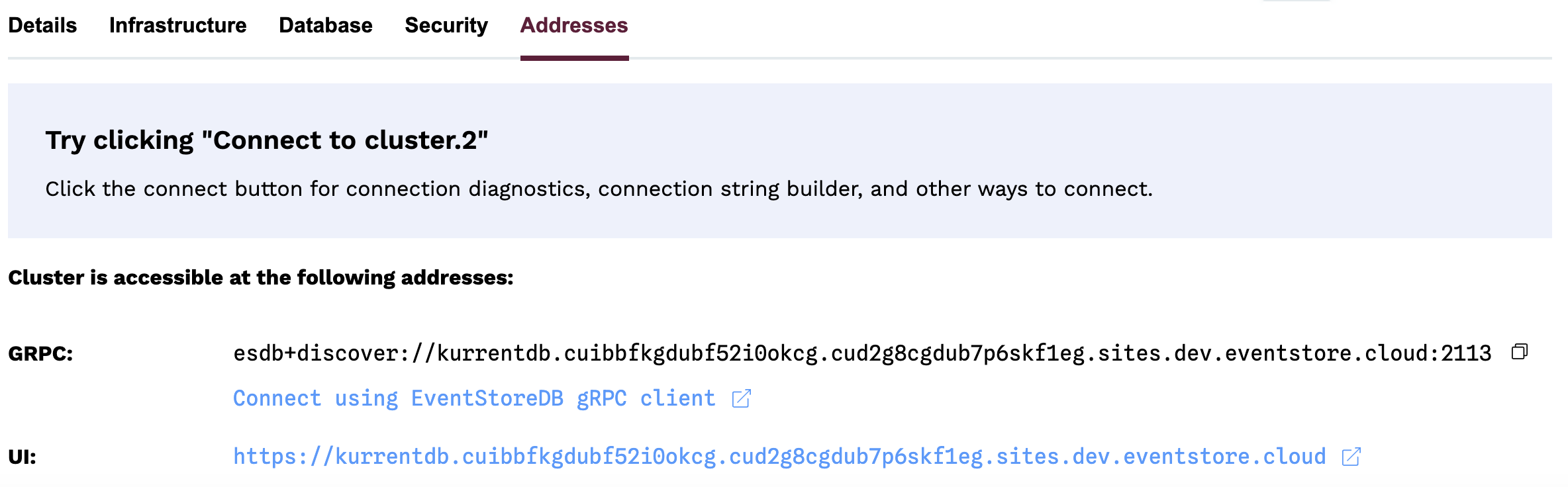 Cluster details - Addresses