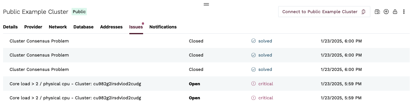 Cluster details - Issues