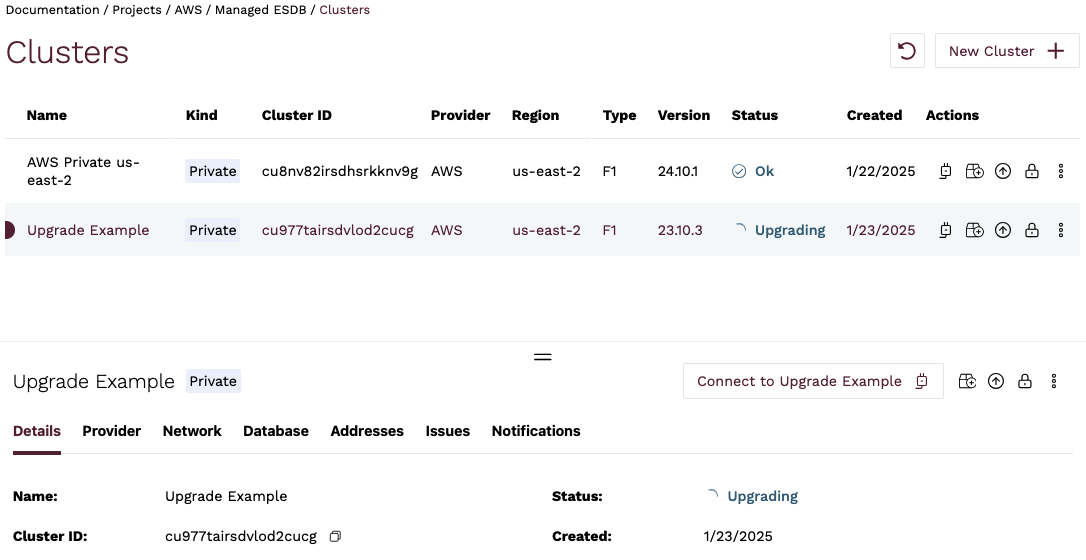 Cluster List - Upgrade in Progress