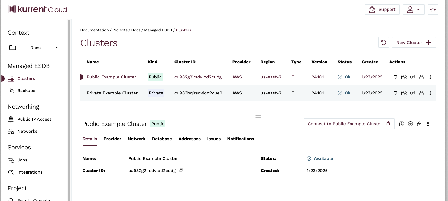 Clusters list