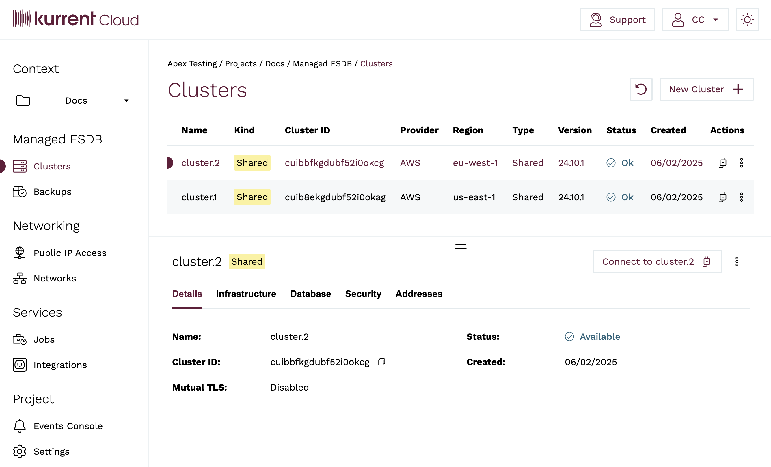 Clusters list