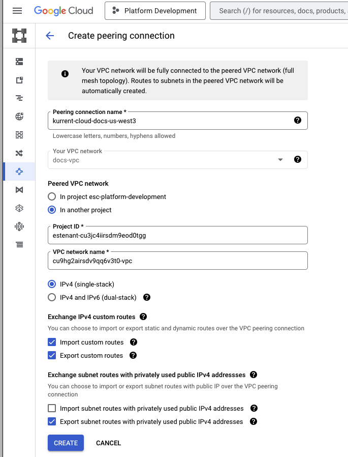 GCP peering form