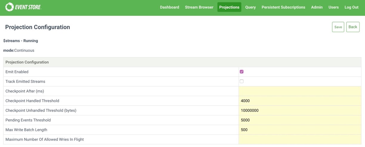 Web admin interface projections configuration screen